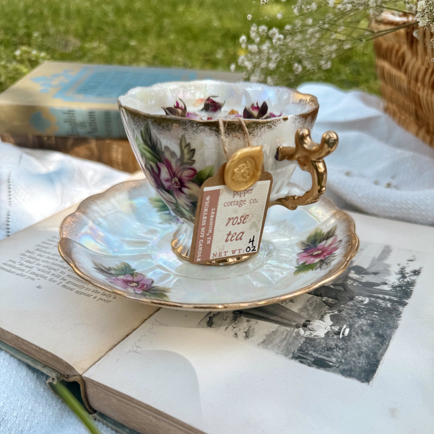 Rose Tea 4 oz Iridescent Floral Vintage Japanese Wickless Tea Cup