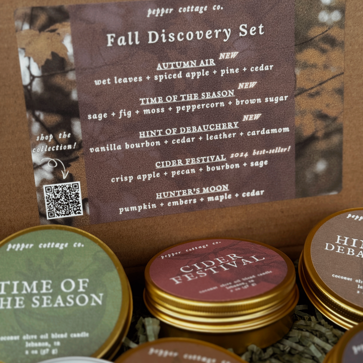 Fall Collection Discovery Candle Box - (5) 2 oz Scented Tins with Coconut Olive Oil Wax