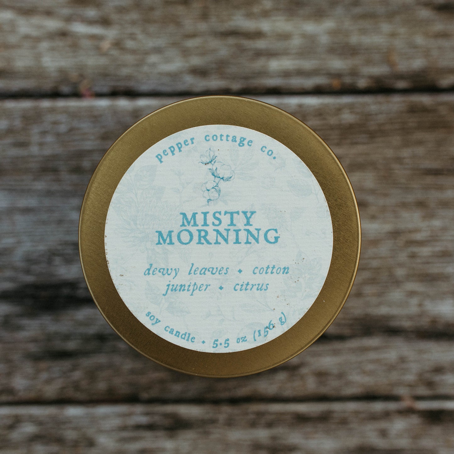 Misty Morning 5.5 oz Tin - Dewy Leaves, Cotton, Juniper, Citrus