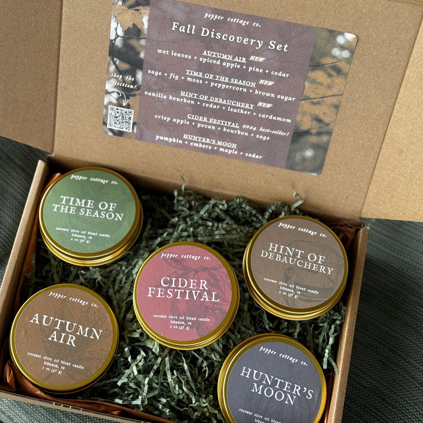 Fall Collection Discovery Candle Box - (5) 2 oz Scented Tins with Coconut Olive Oil Wax