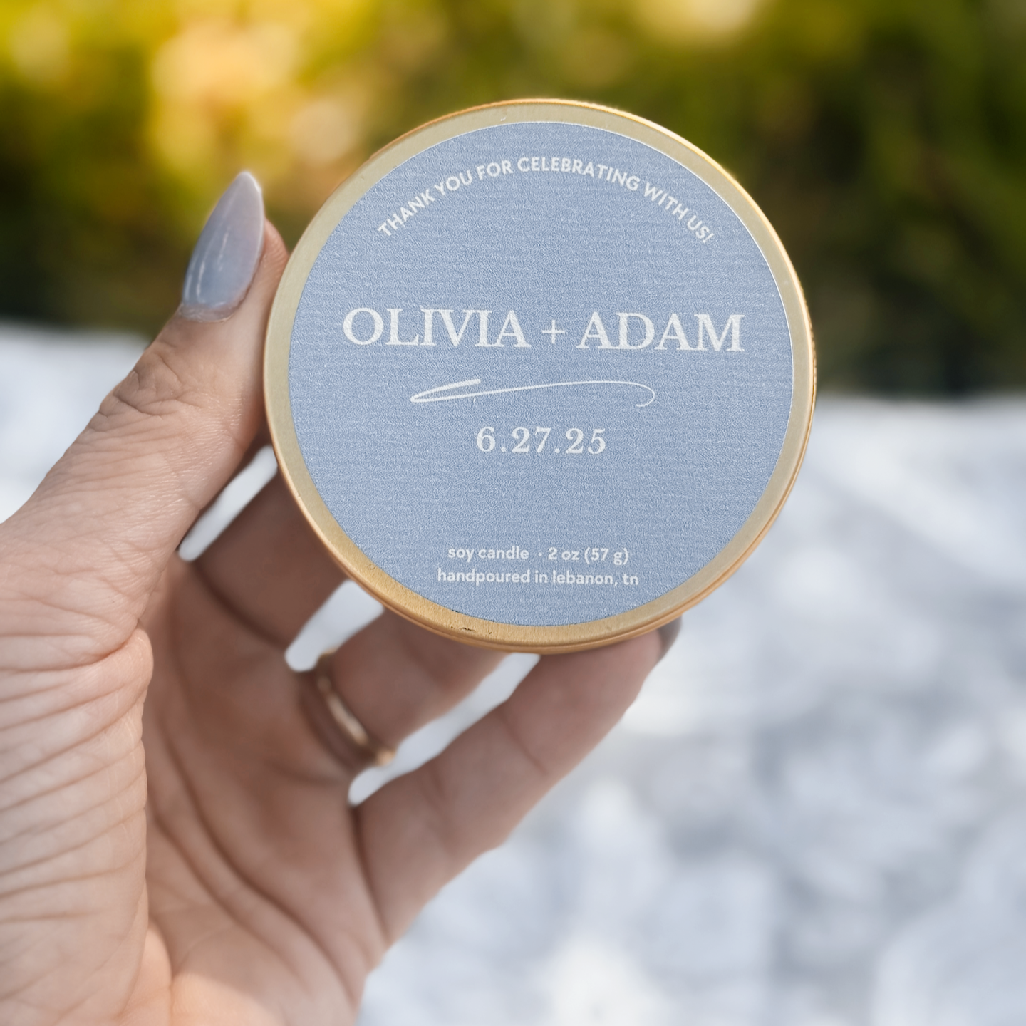 Elegant Minimalist Personalized Bulk Wedding Favor 2 oz Gold Tin | Custom Name, Date, Color | SET OF 24