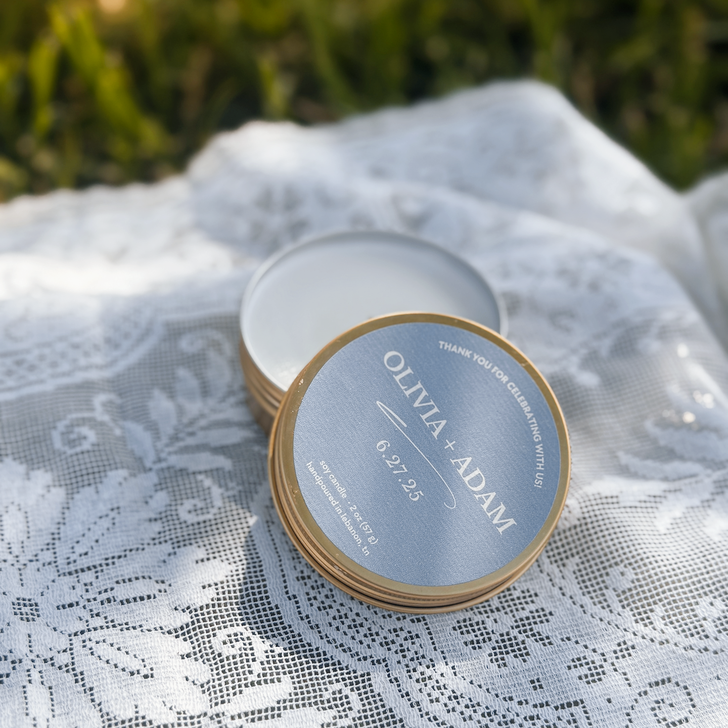 Elegant Minimalist Personalized Bulk Wedding Favor 2 oz Gold Tin | Custom Name, Date, Color | SET OF 24