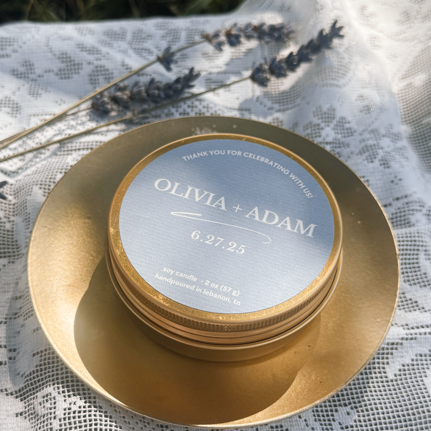 Elegant Minimalist Personalized Bulk Wedding Favor 2 oz Gold Tin | Custom Name, Date, Color | SET OF 24