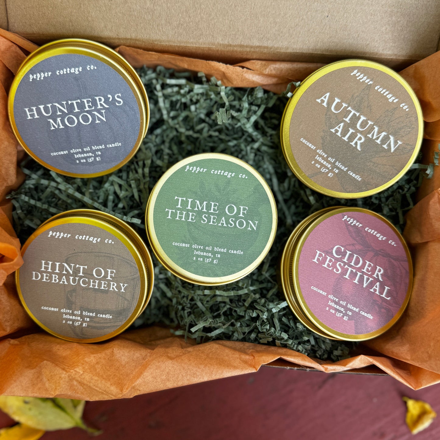 Fall Collection Discovery Candle Box - (5) 2 oz Scented Tins with Coconut Olive Oil Wax
