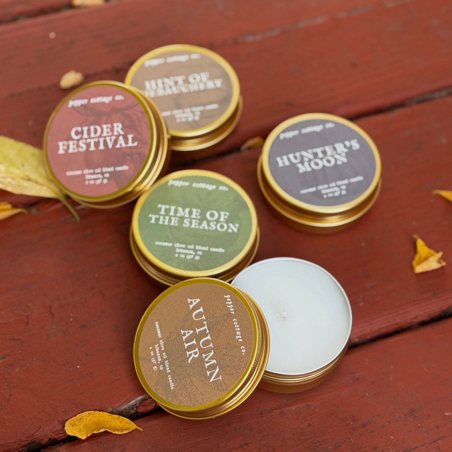 Fall Collection Discovery Candle Box - (5) 2 oz Scented Tins with Coconut Olive Oil Wax