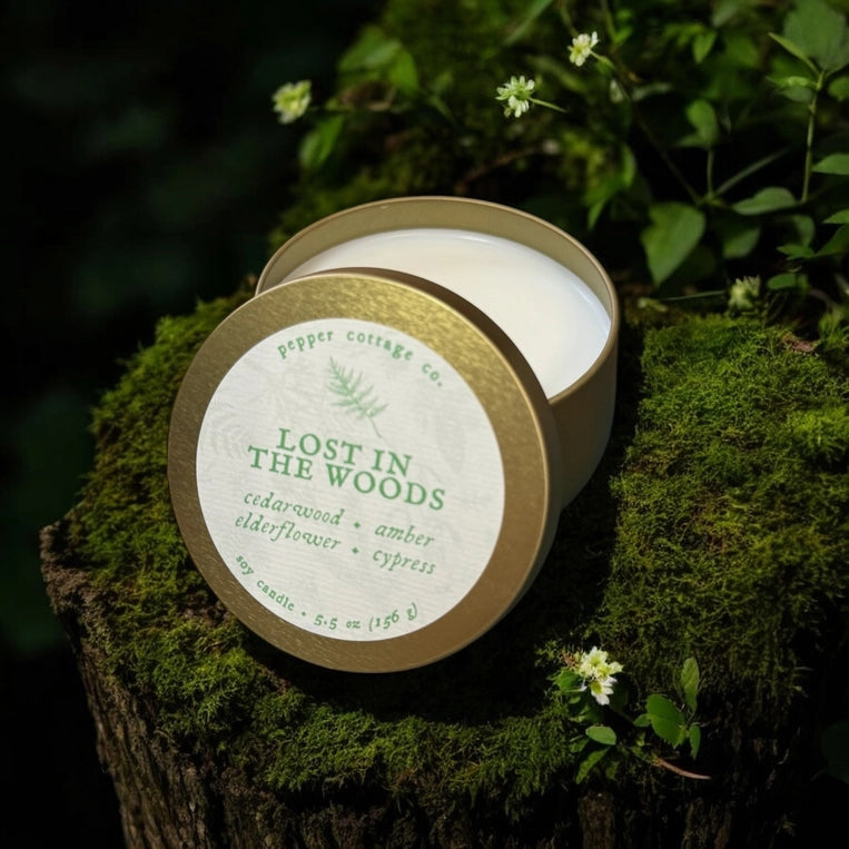 Lost in the Woods 5.5 oz Tin - Cedarwood, Amber, Elderflower, Cypress