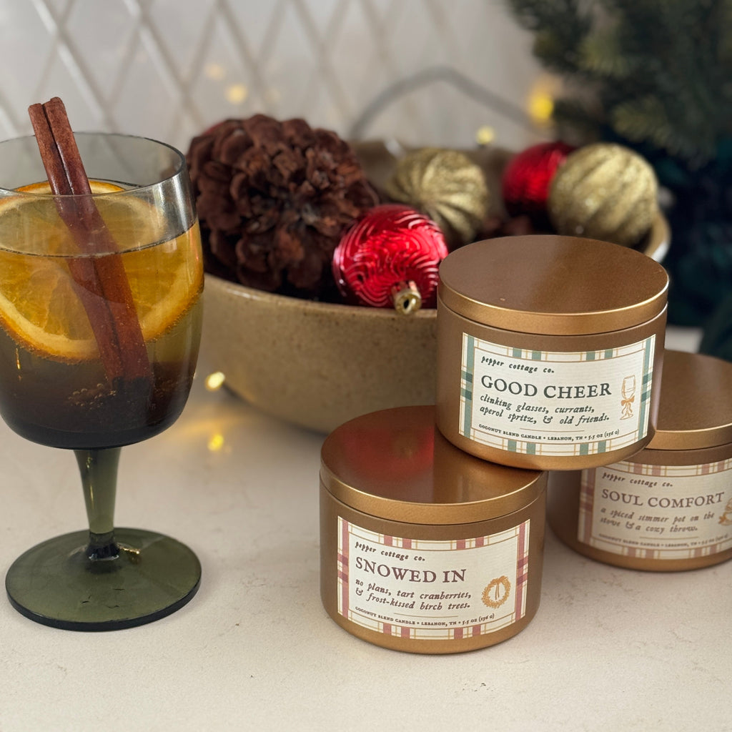 Good Cheer 5.5 oz Soy Candle | Currants, Bergamot, Absinthe, Vanilla | Non-toxic Sparkling Cocktail Holiday Candle Tin