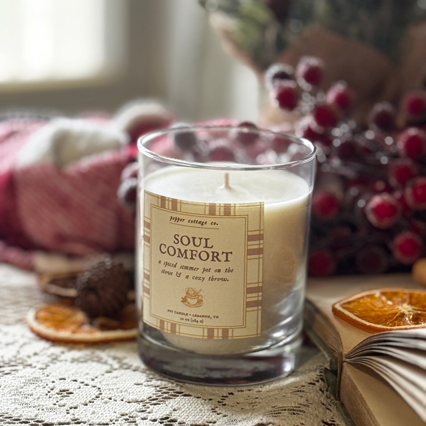 Soul Comfort 10 oz Soy Candle | Ginger, Citrus, Baking Spices | Non-toxic Spiced Scent Holiday Candle Jar