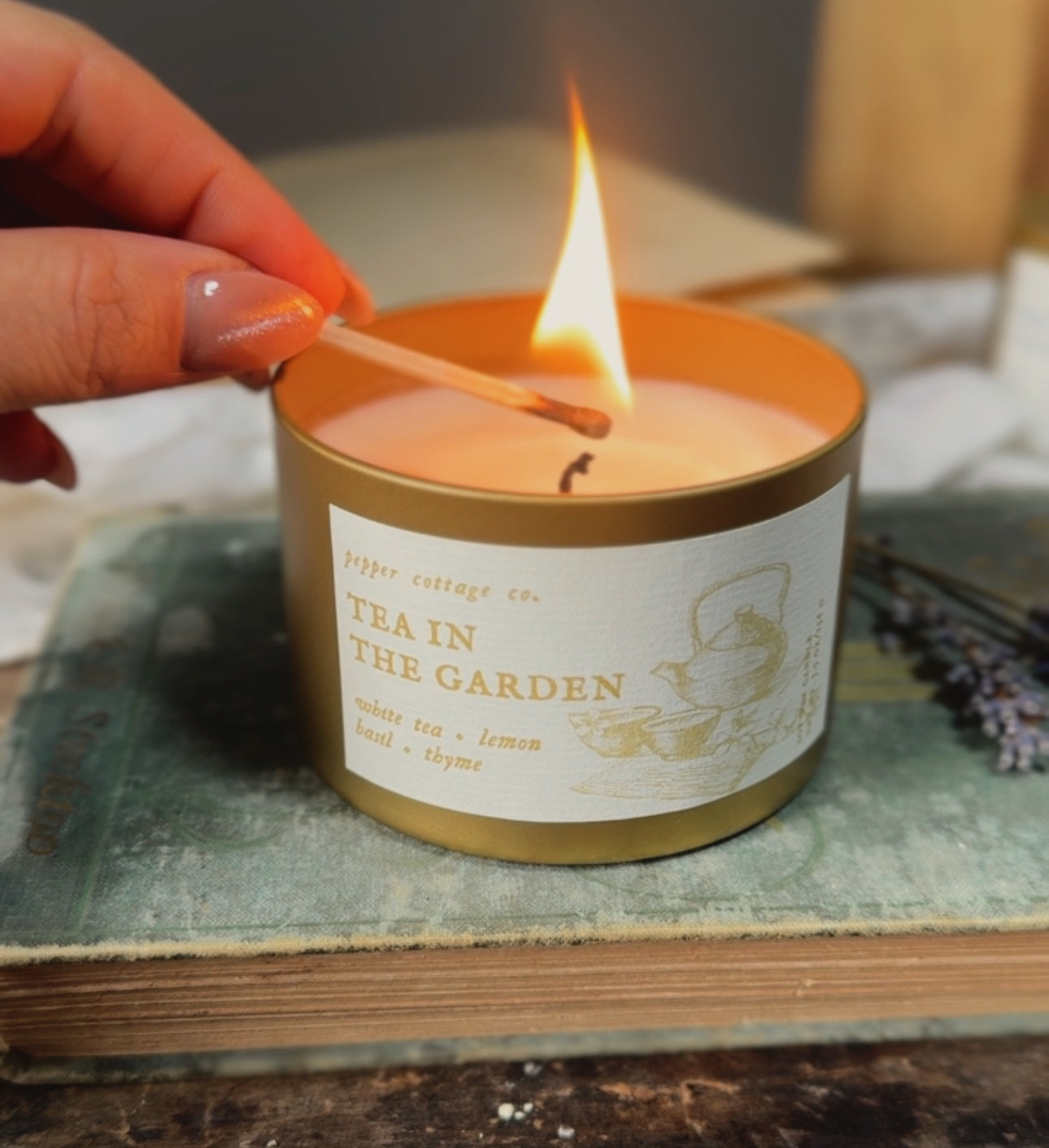 Tea in the Garden 5.5 oz Soy Candle Tin | White Tea, Lemon, Basil, Thyme | Clean Calming Herbal Scented Candle