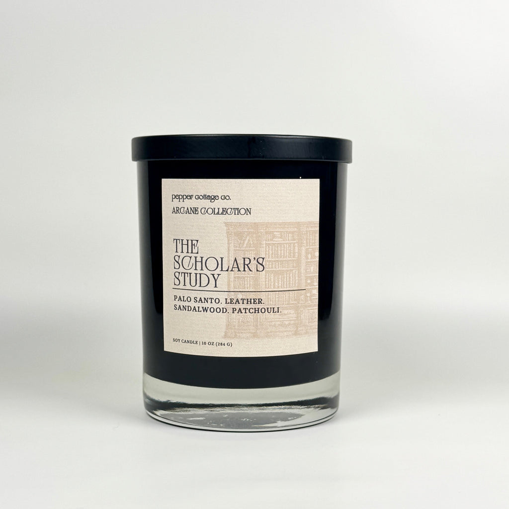 The Scholar's Study 10 oz Candle Jar | Palo Santo, Sandalwood, Leather, Patchouli | Dark Academia Inspired Coconut Blend Candle