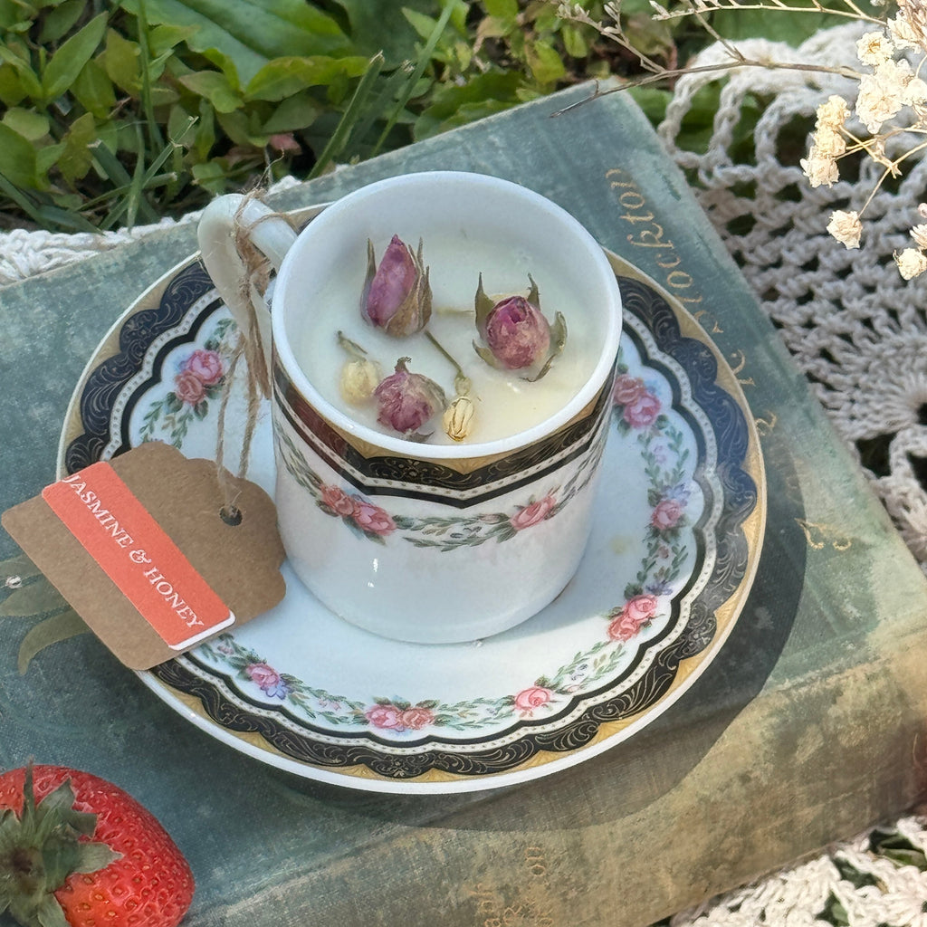 Botanical Vintage Tea Cup Candles (WICKLESS) | Jasmine & Honey or Yuzu Blossom Scented | Mother’s Day Tea Cup Candles