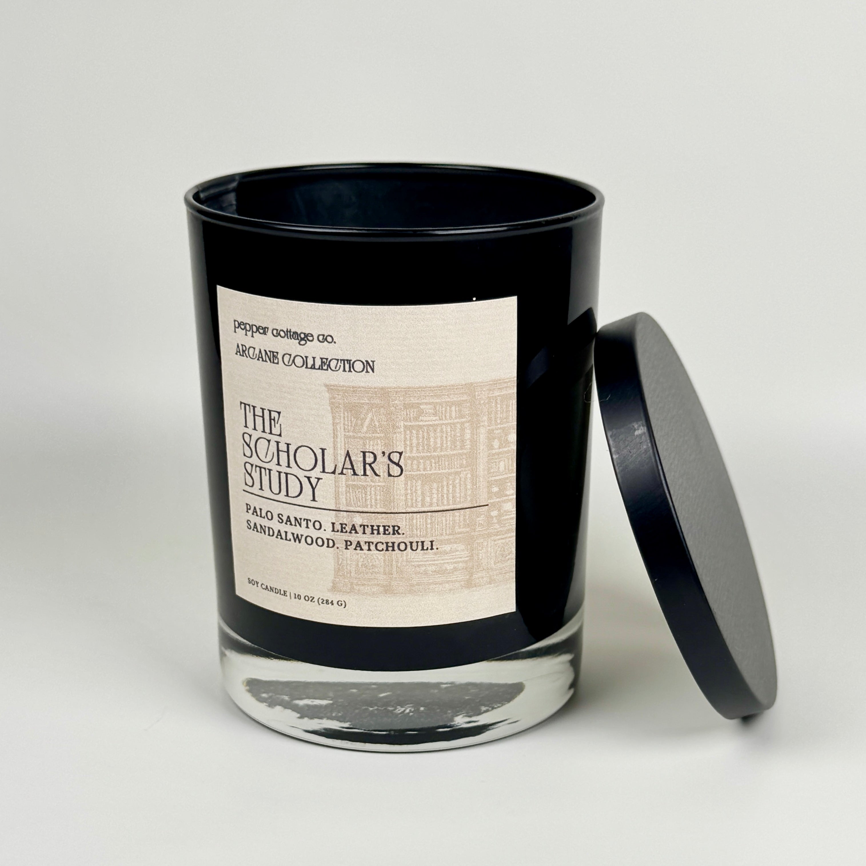 The Scholar's Study 10 oz Candle Jar | Palo Santo, Sandalwood, Leather, Patchouli | Dark Academia Inspired Coconut Blend Candle