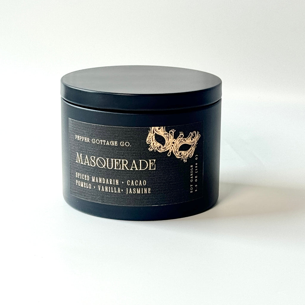 Masquerade 5.5 oz Candle Tin | Spiced Mandarin, Cacao, Pomelo, Vanilla, Jasmine | Spiced Citrus Floral Dark Academia Soy Candle