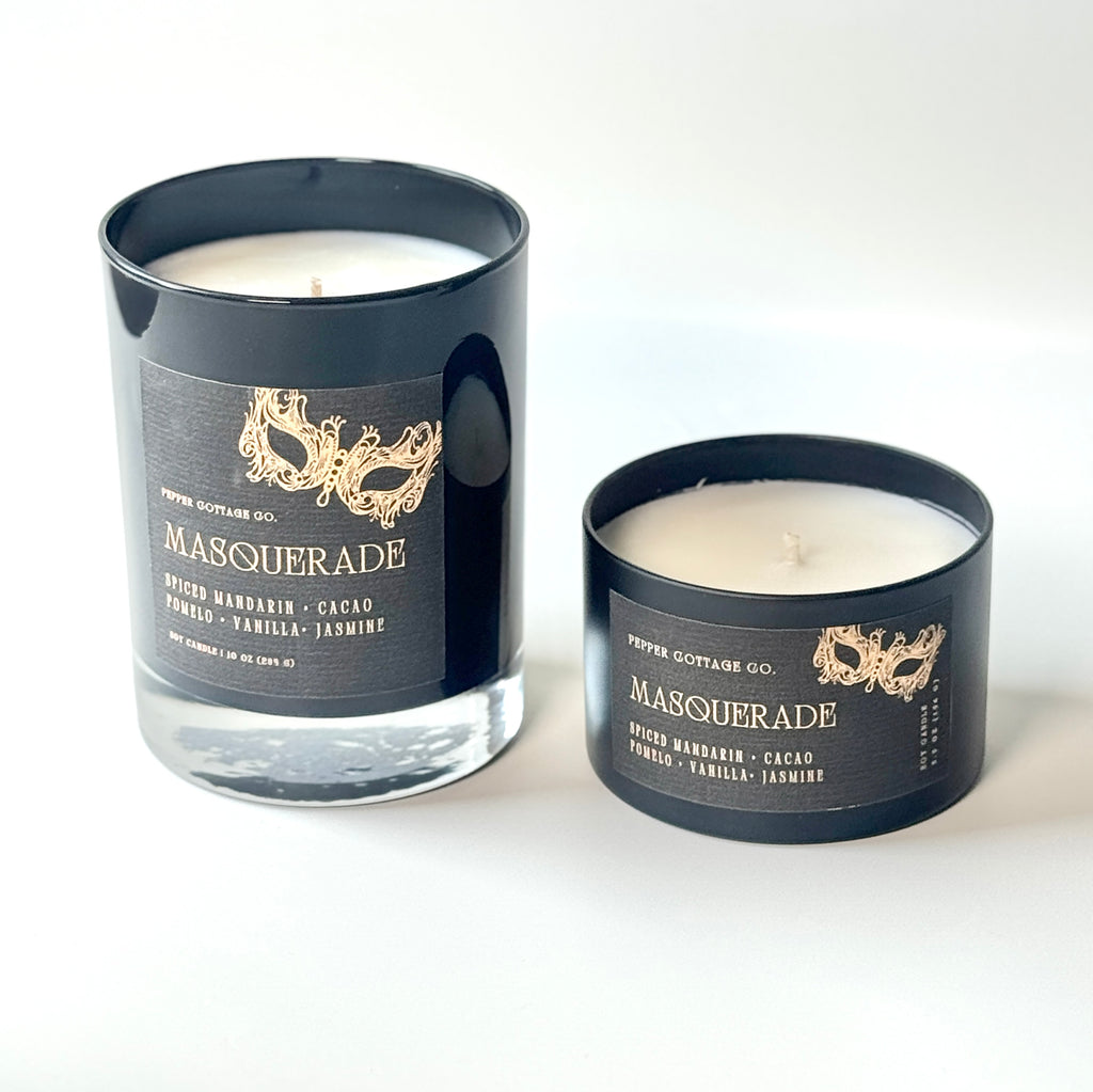 Masquerade 10 oz Candle Jar | Spiced Mandarin, Cacao, Pomelo, Vanilla, Jasmine | Dark Academia Soy Candle