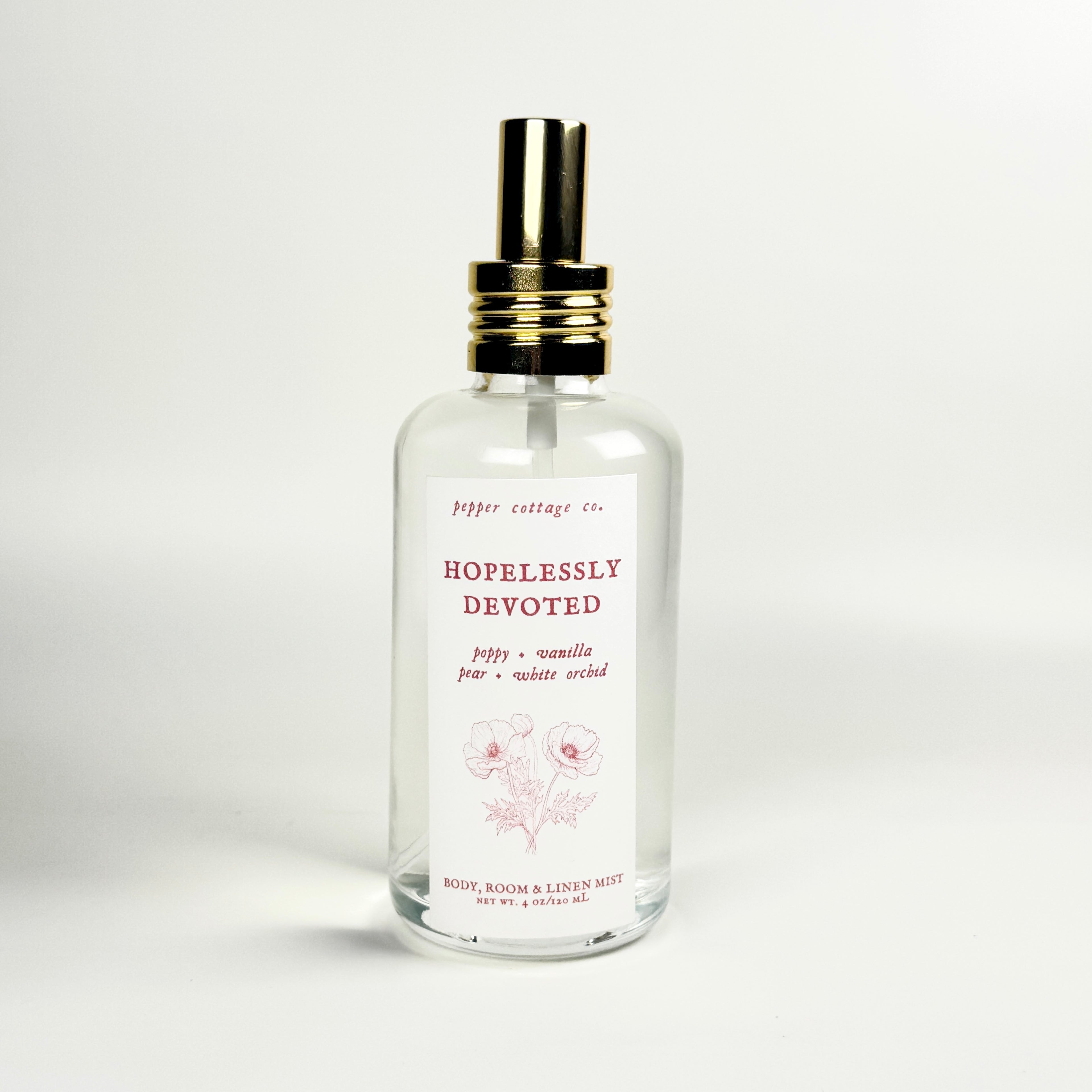 Hopelessly Devoted 4 oz Body, Room, and Linen Mist | Poppy, Pear, Orchid, Vanilla | Floral, Fruity Feminine Body & Room Mist