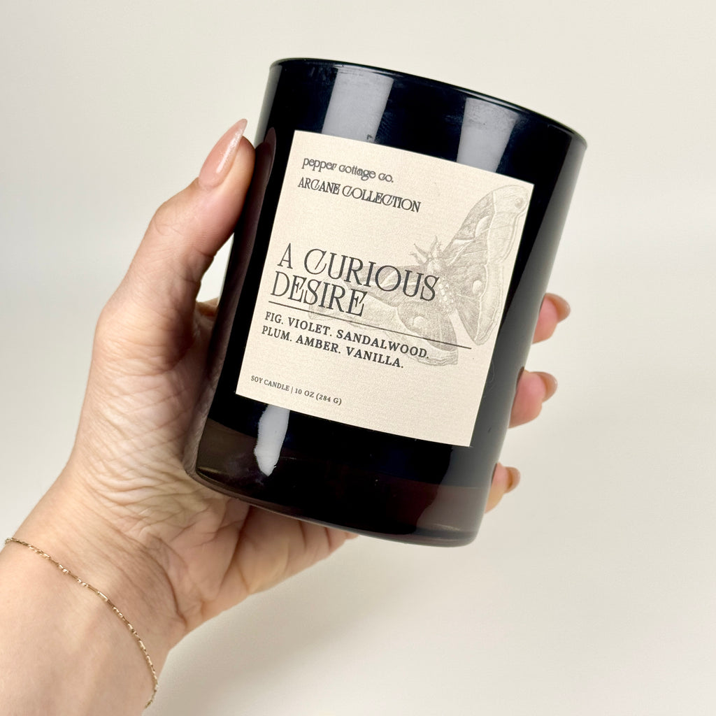 A Curious Desire 10 oz Candle Jar | Fig, Violet, Plum, Sandalwood, Plum, Amber, Vanilla | Dark Academia Soy Candle