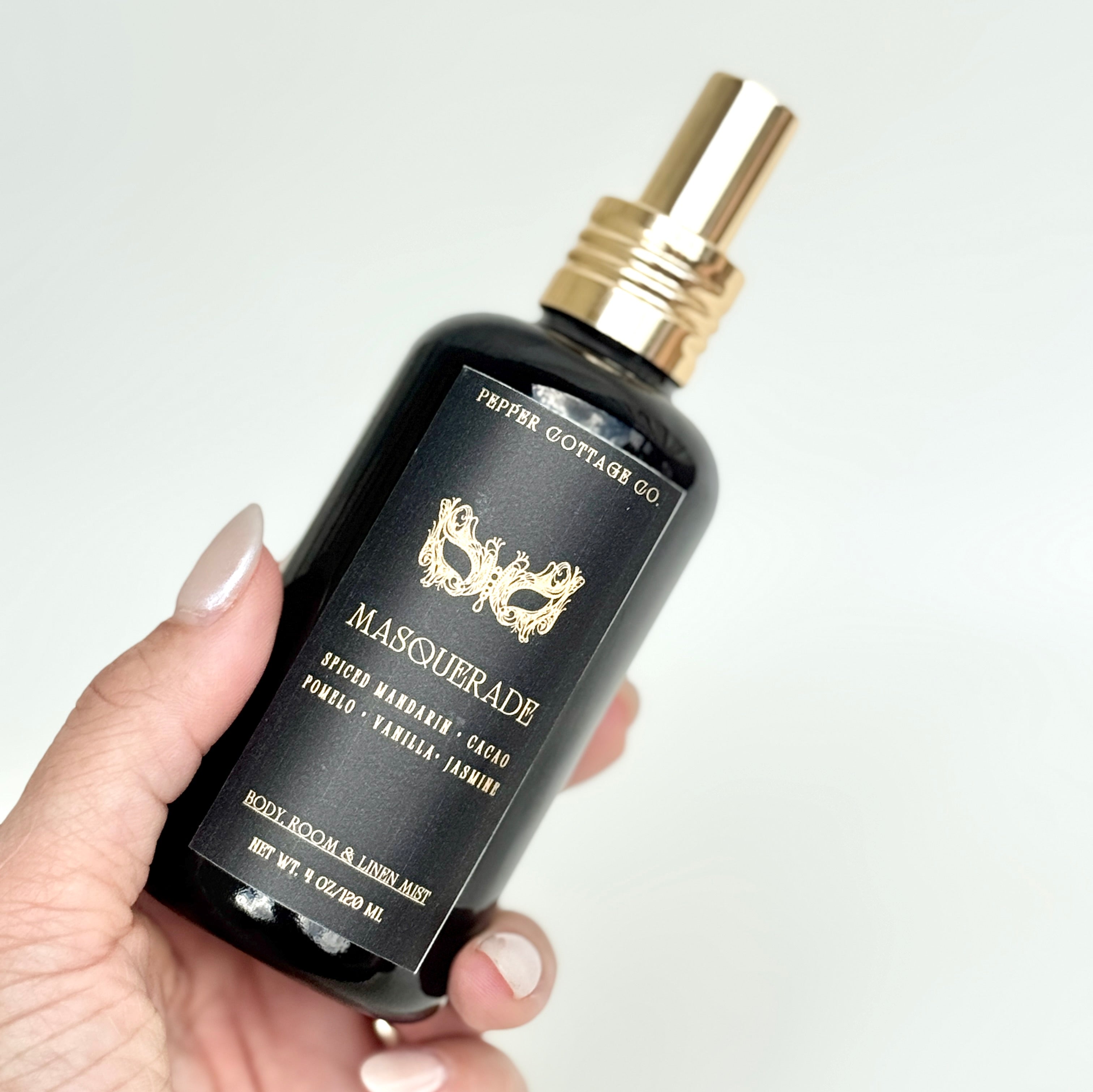 Masquerade 4 oz Body + Home Mist | Spiced Mandarin, Cacao, Pomelo, Vanilla, Jasmine | Spicy Citrus Floral Dark Academia-Inspired Body Mist