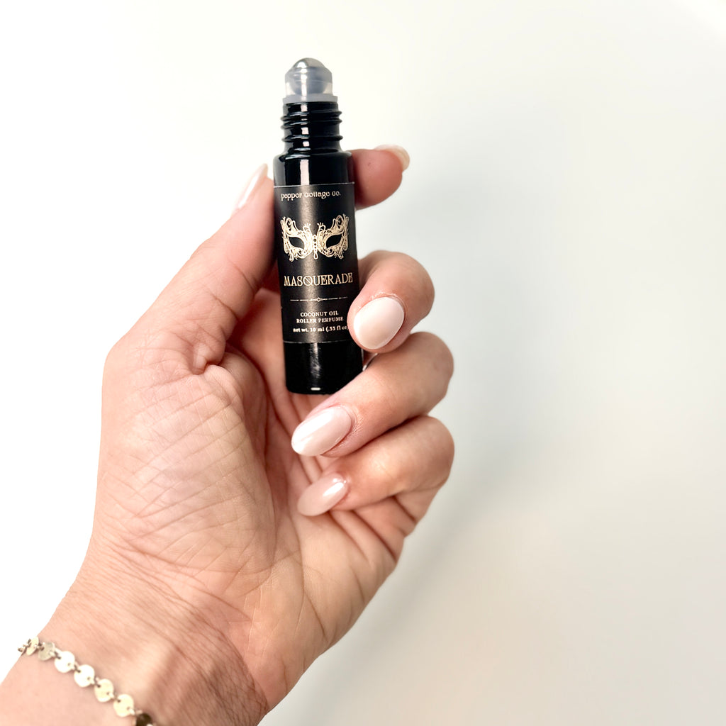 Masquerade 10 ml Roller Perfume | Spiced Mandarin, Cacao, Pomelo, Vanilla, Jasmine | Feminine Dark Academia Coconut Oil Non-toxic Roller Perfume