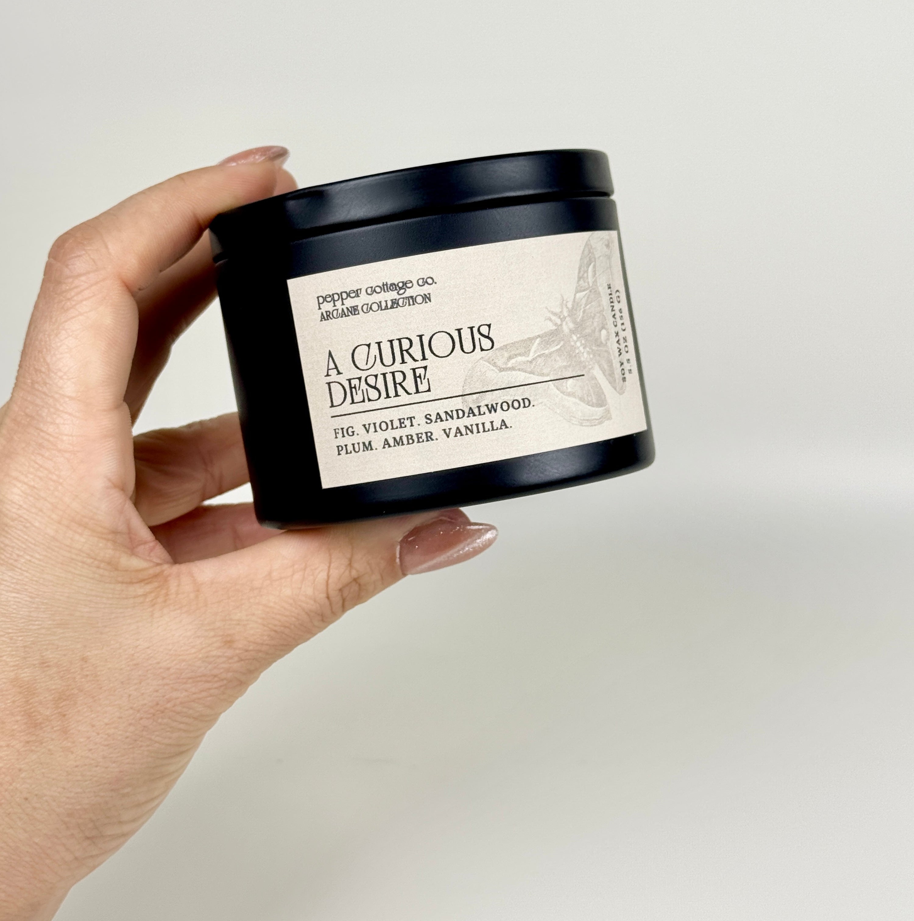 A Curious Desire 5.5 oz Candle Tin | Fig, Violet, Plum, Sandalwood, Plum, Amber, Vanilla | Dark Academia Soy Candle