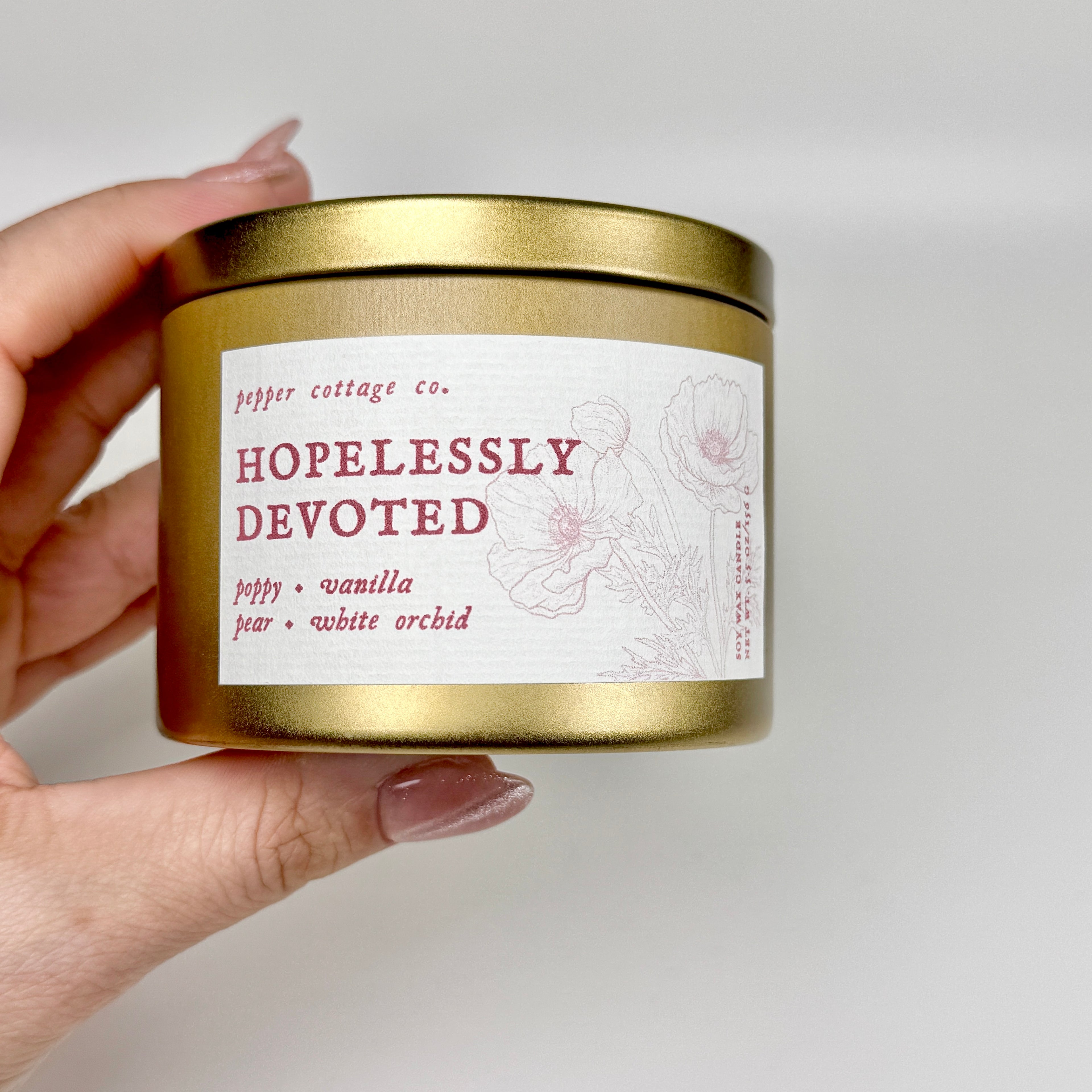 Hopelessly Devoted 5.5 oz Candle Tin | Poppy, Pear, Orchid, Vanilla | Feminine Floral Clean Soy Candle