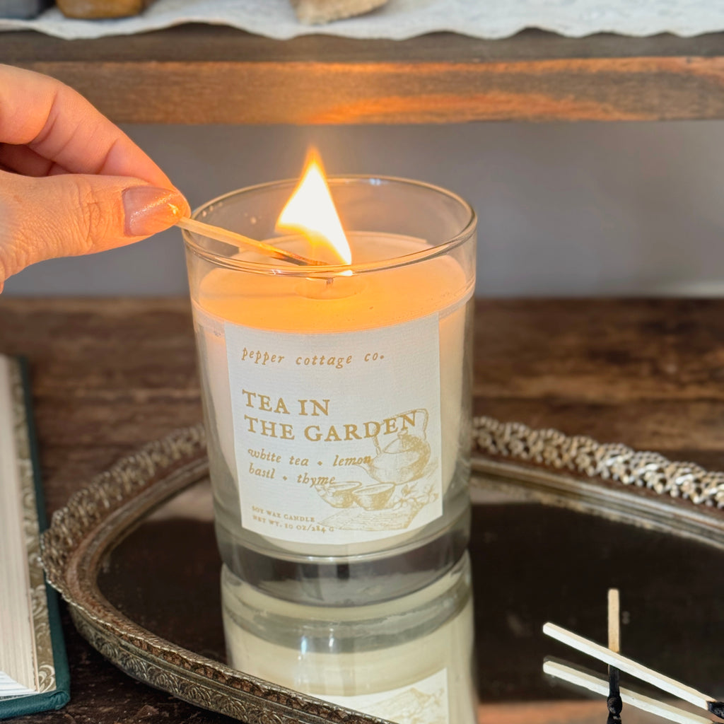 Tea in the Garden 10 oz Soy Candle Jar | White Tea, Lemon, Basil, Thyme | Clean, Herbal, Calming Scented Candle