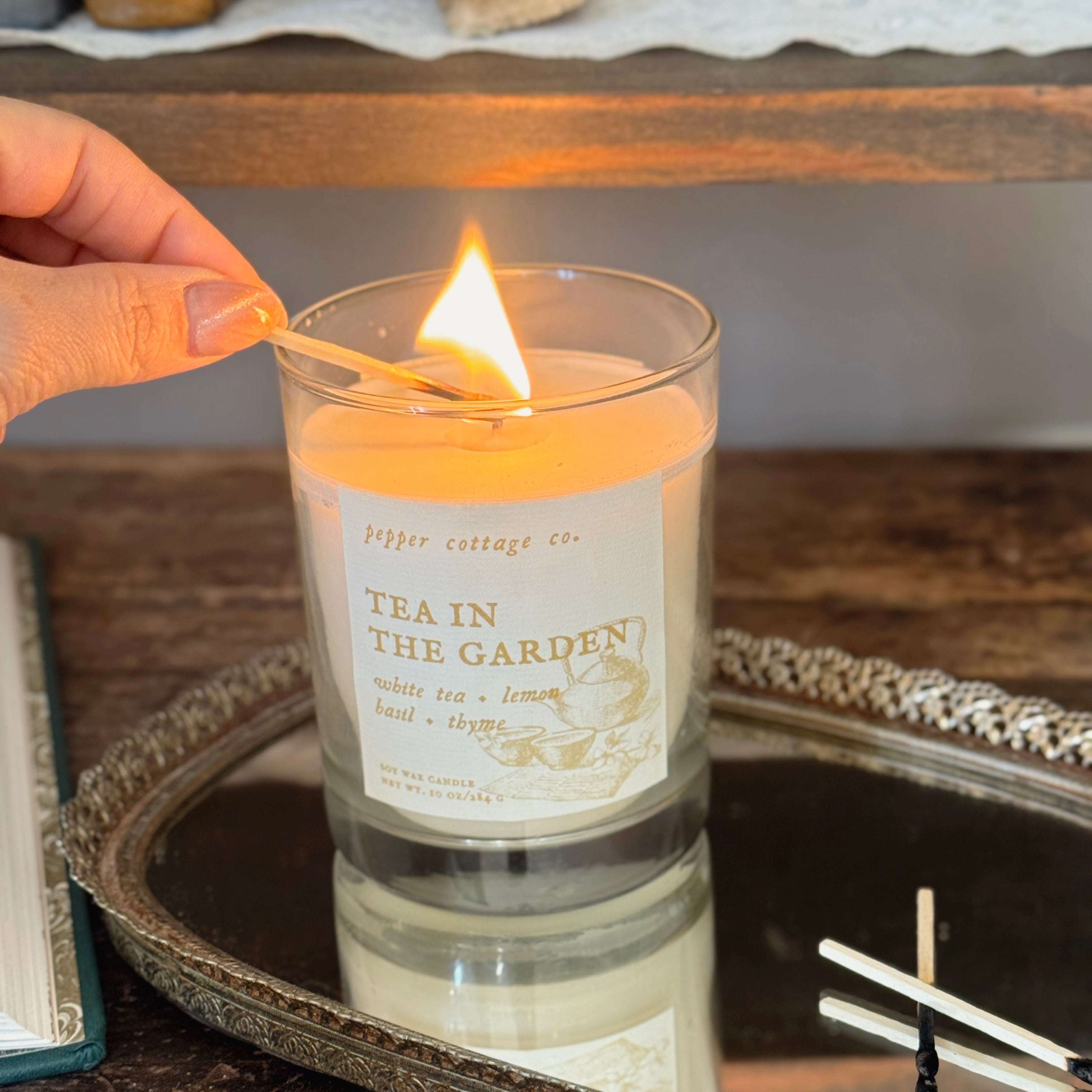 Tea in the Garden 10 oz Soy Candle Jar | White Tea, Lemon, Basil, Thyme | Clean, Herbal, Calming Scented Candle