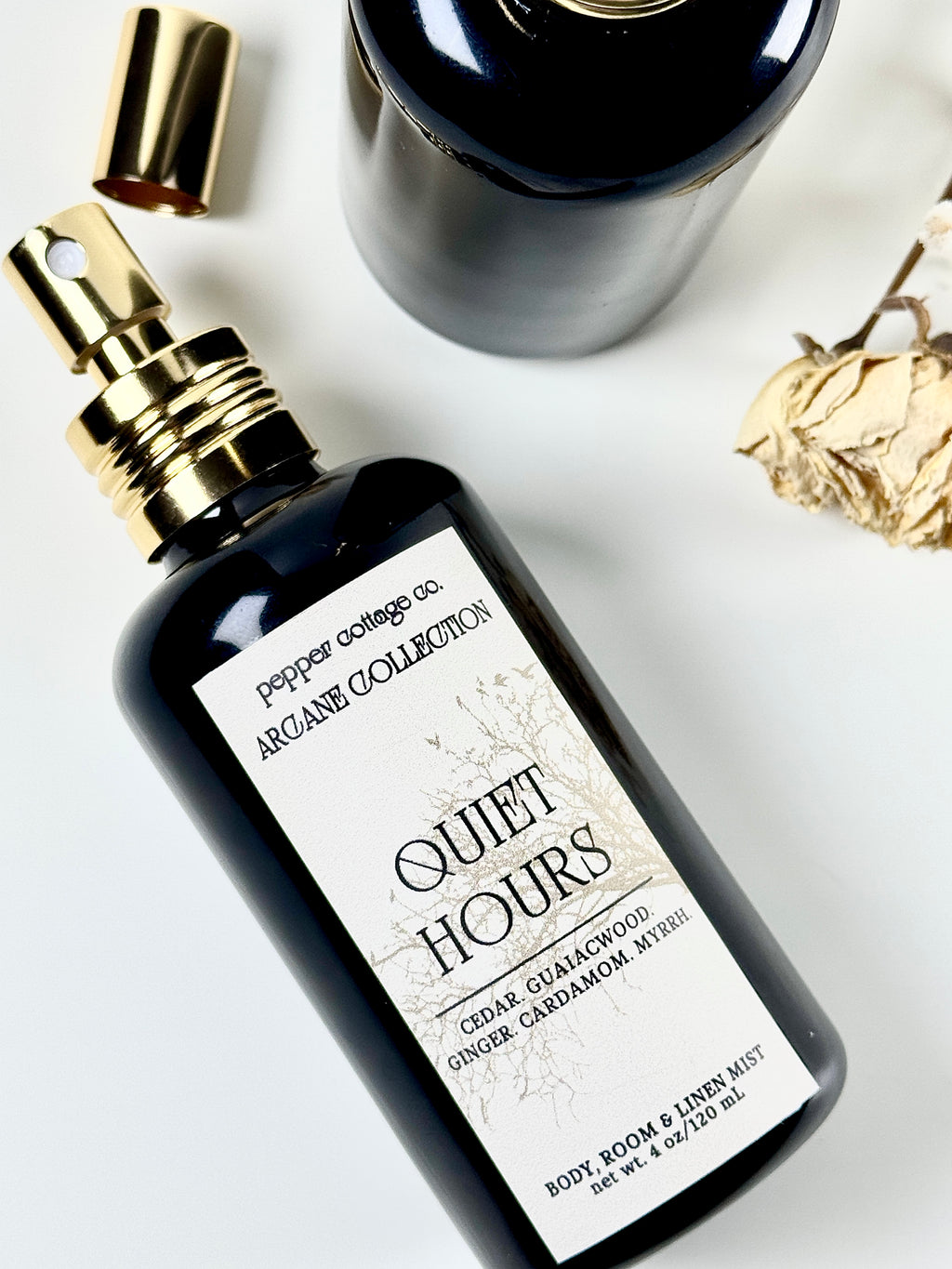 Quiet Hours 4 oz Body, Room, and Linen Mist | Cedar, Guiaicwood, Ginger, Cardmom, Myrrh | Smoky Woods Dark Academia-Inspired Body & Room Mist