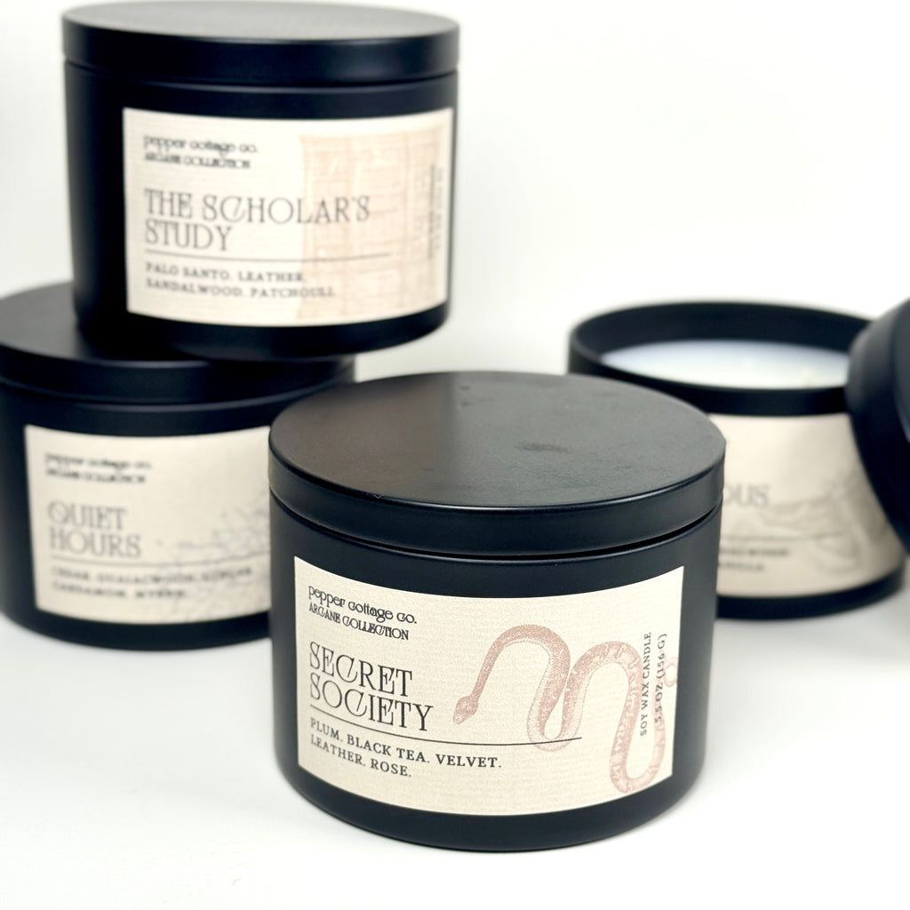 The Scholar's Study 5.5 oz Candle Tin | Palo Santo, Sandalwood, Leather, Patchouli | Dark Academia Inspired Coconut Blend Candle