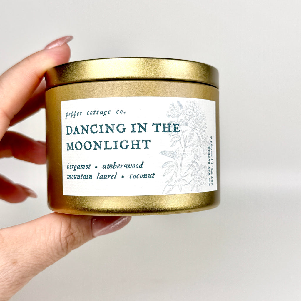 Dancing in the Moonlight 5.5 oz Soy Candle Tin | Bergamot, Amberwood, Mountain Laurel, Coconut | Clean and Citrusy Scented Candle