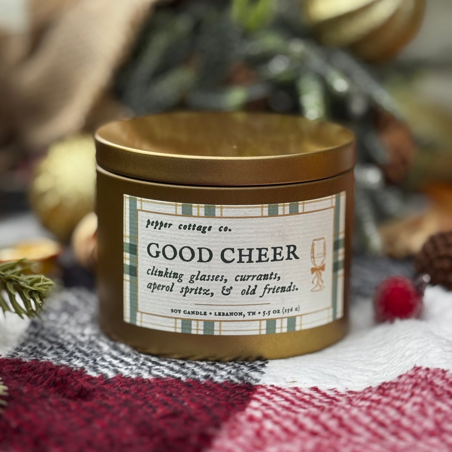 Good Cheer 5.5 oz Soy Candle | Currants, Bergamot, Absinthe, Vanilla | Non-toxic Sparkling Cocktail Holiday Candle Tin