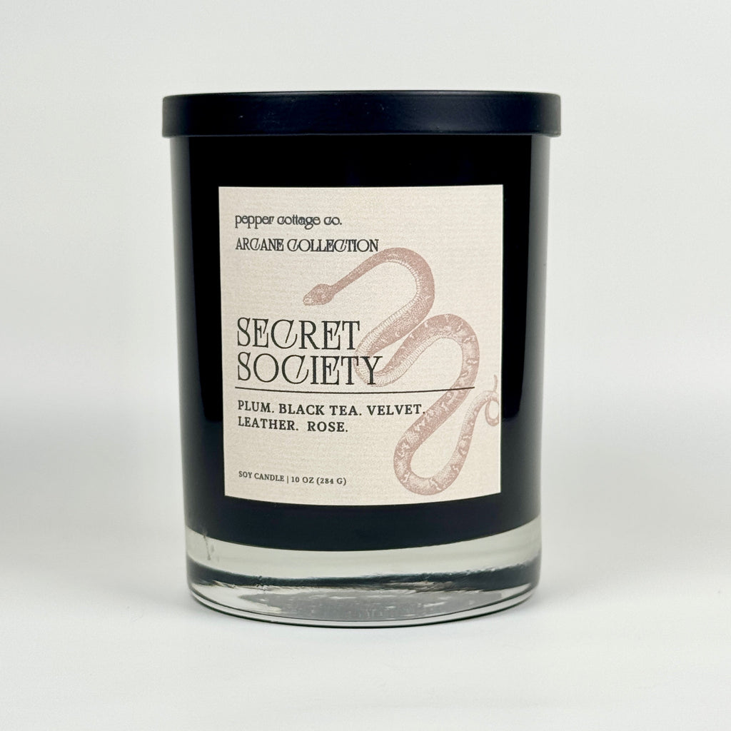 Secret Society 10 oz Candle | Plum, Black Tea, Velvet, Leather, Rose | Dark Academia Soy Candle