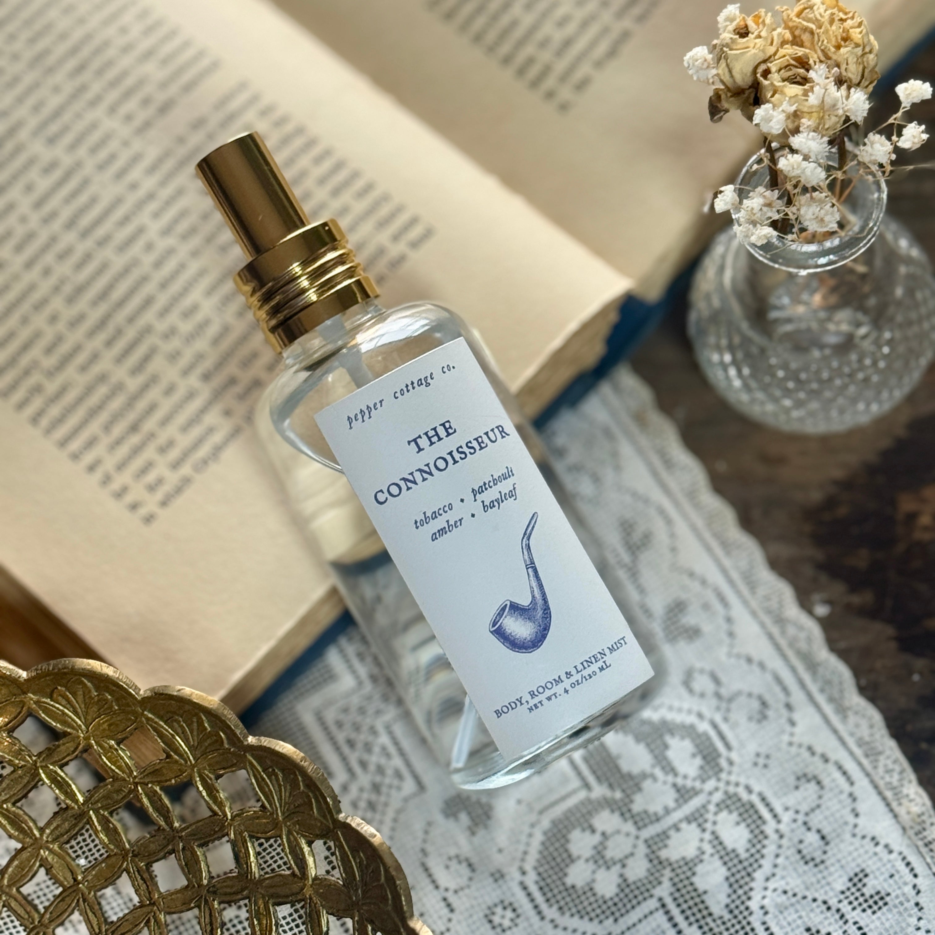 The Connoisseur 4 oz Body, Room, and Linen Mist | Amber, Patchouli, Tobacco, Bayleaf| Clean Herbal Woody Body & Room Mist