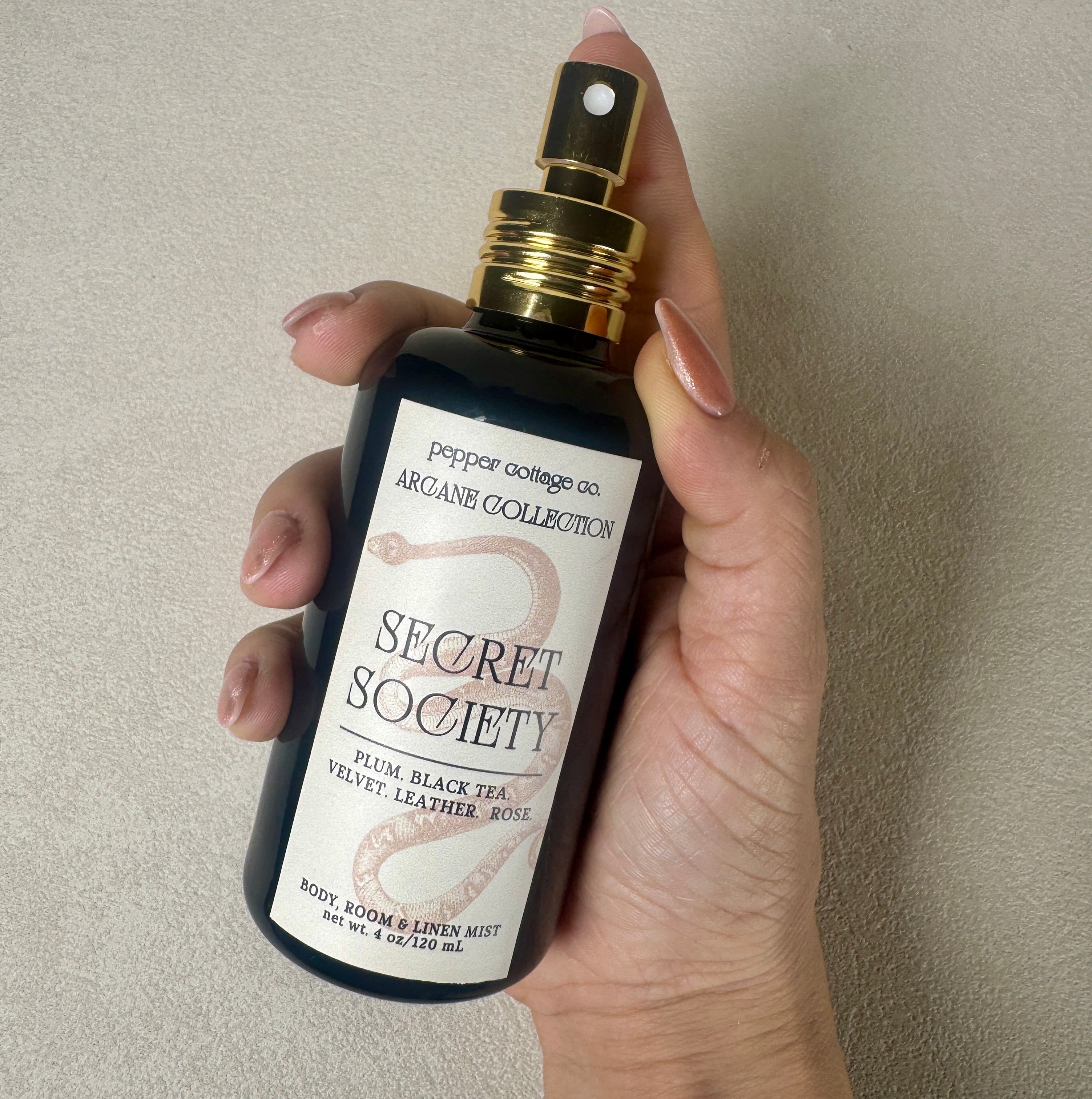 Secret Society 4 oz Body, Room, and Linen Mist | Plum, Black Tea, Velvet, Leather, Rose | Dark Academia-Inspired Body & Room Mist