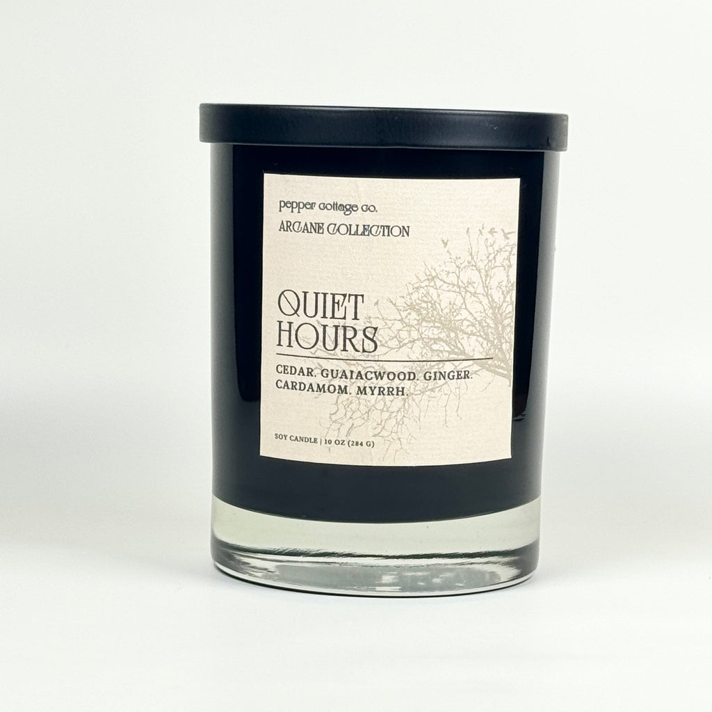 Quiet Hours 10 oz Candle Tin | Cedar, Guaiacwood, Ginger, Cardamom, Myrrh | Smoky Woods Dark Academia Soy Candle