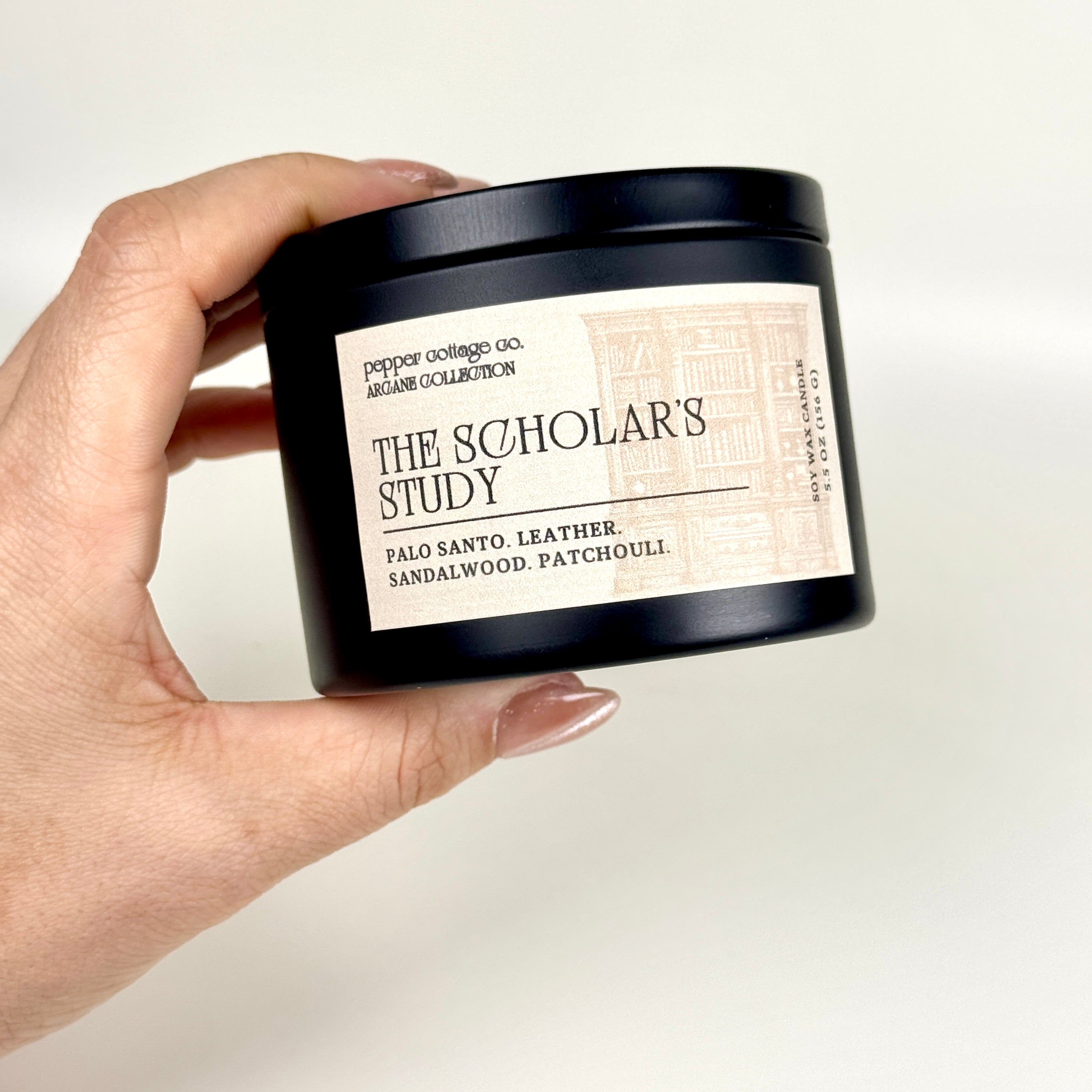 The Scholar's Study 5.5 oz Candle Tin | Palo Santo, Sandalwood, Leather, Patchouli | Dark Academia Inspired Coconut Blend Candle