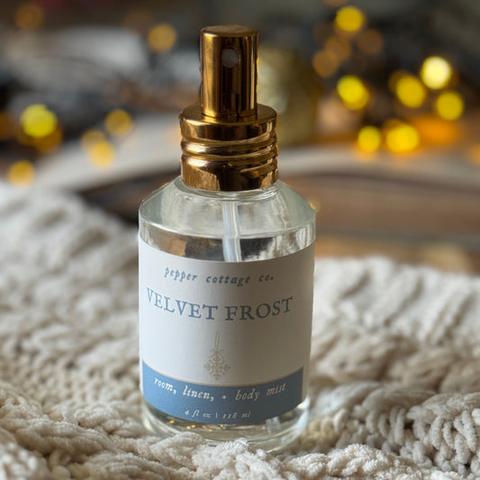 4 oz Velvet Frost Body Safe  Room & Linen Mist | Vanilla, Amber, Cashmere, Musk | Cozy Vanilla Holiday Scent Body Spray