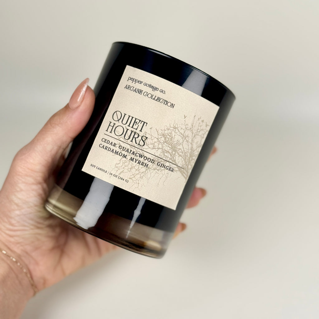 Quiet Hours 10 oz Candle Tin | Cedar, Guaiacwood, Ginger, Cardamom, Myrrh | Smoky Woods Dark Academia Soy Candle