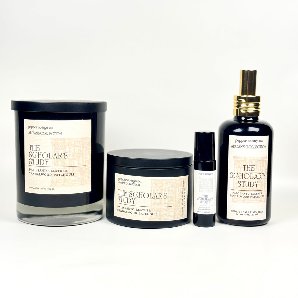 The Scholar's Study 5.5 oz Candle Tin | Palo Santo, Sandalwood, Leather, Patchouli | Dark Academia Inspired Coconut Blend Candle