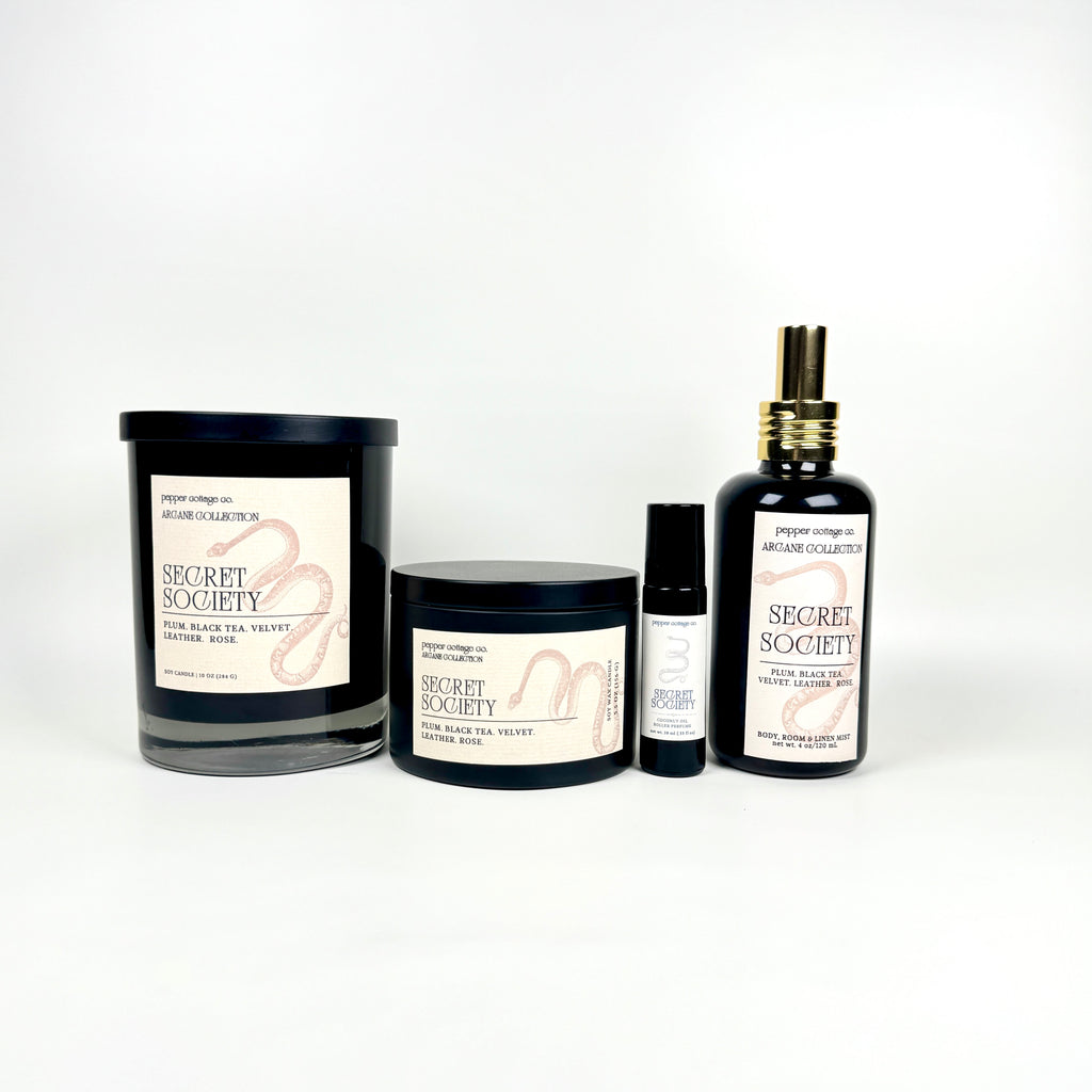 Secret Society 10 oz Candle | Plum, Black Tea, Velvet, Leather, Rose | Dark Academia Soy Candle