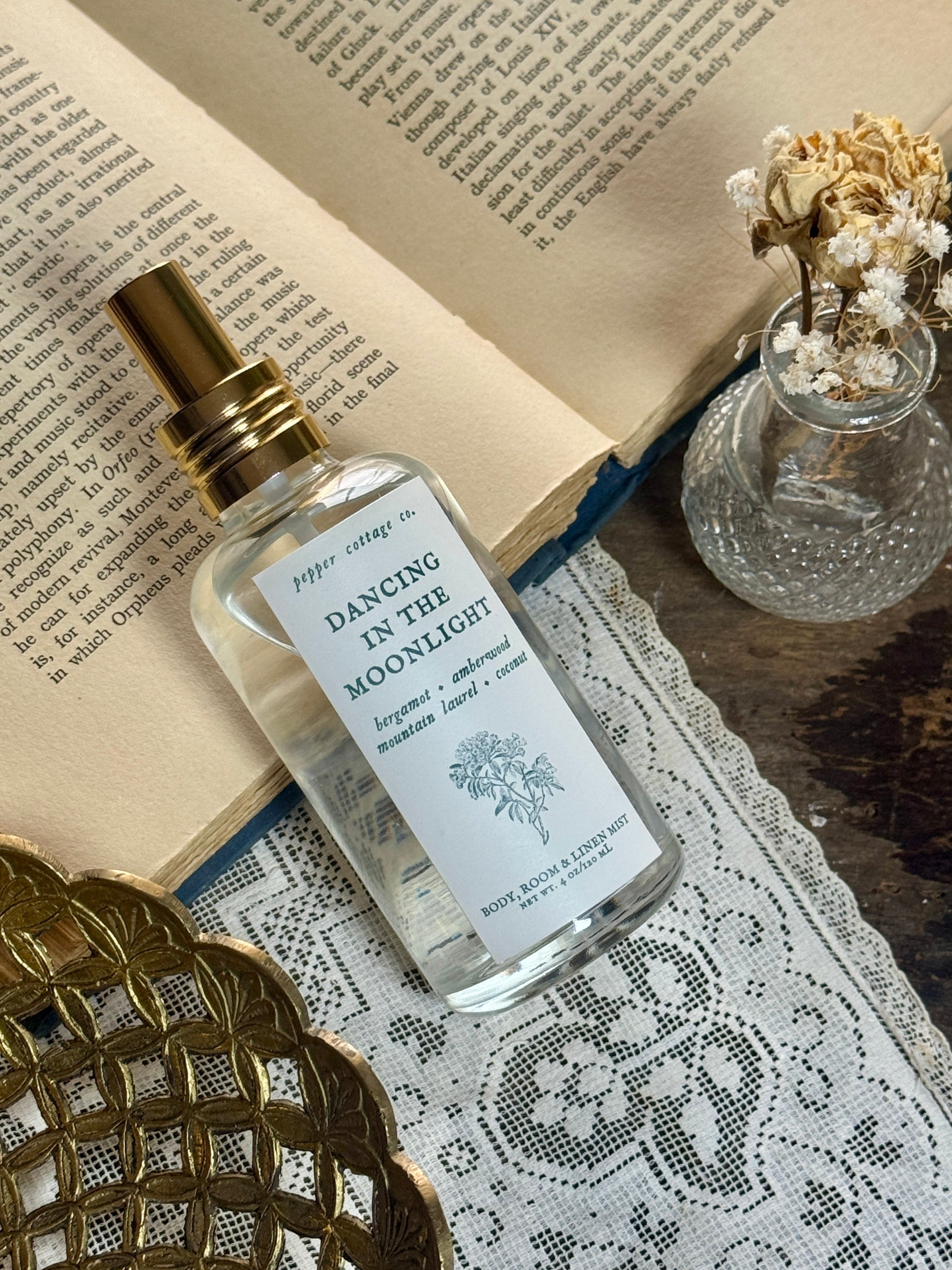 Dancing in the Moonlight 4 oz Body, Room, and Linen Mist | Bergamot, Amberwood, Mountain Laurel, Coconut| Clean, Woodsy, Floral Body & Room Mist