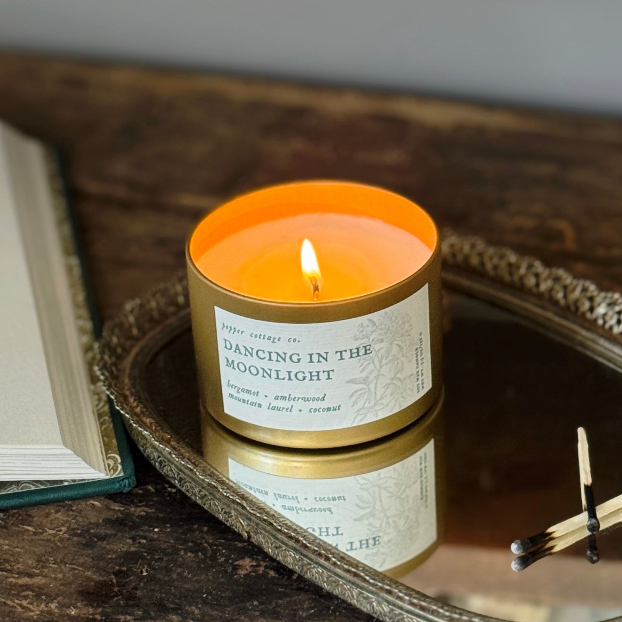 Dancing in the Moonlight 5.5 oz Soy Candle Tin | Bergamot, Amberwood, Mountain Laurel, Coconut | Clean and Citrusy Scented Candle