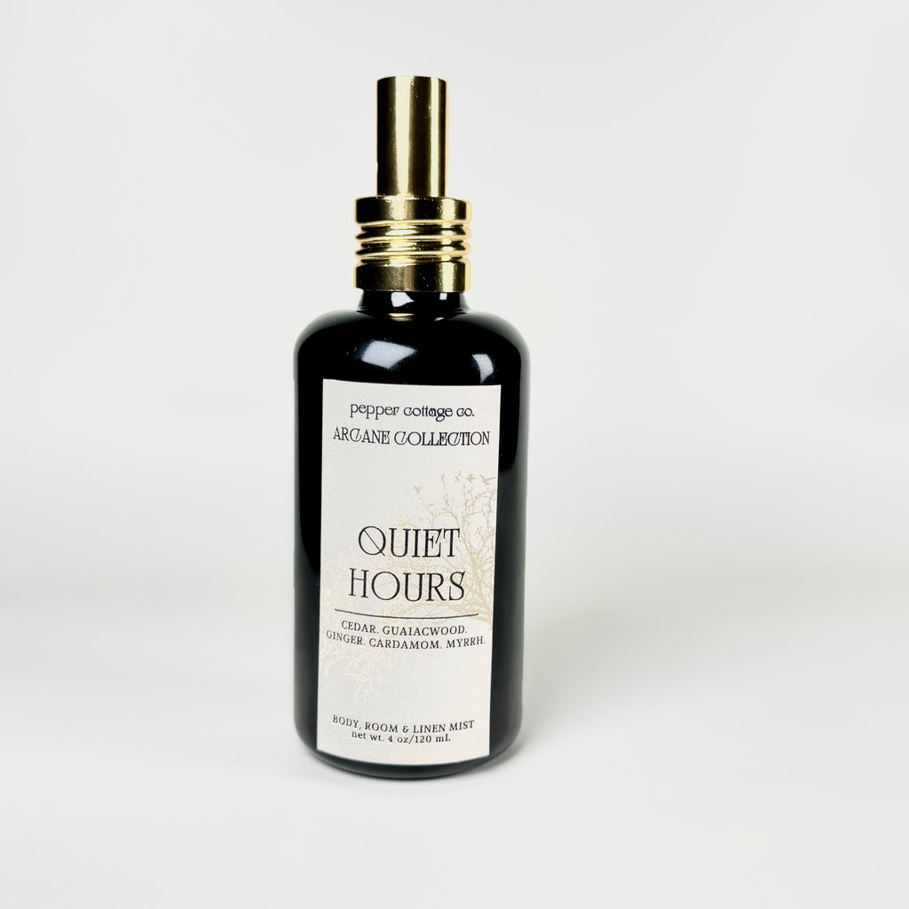 Quiet Hours 4 oz Body, Room, and Linen Mist | Cedar, Guiaicwood, Ginger, Cardmom, Myrrh | Smoky Woods Dark Academia-Inspired Body & Room Mist