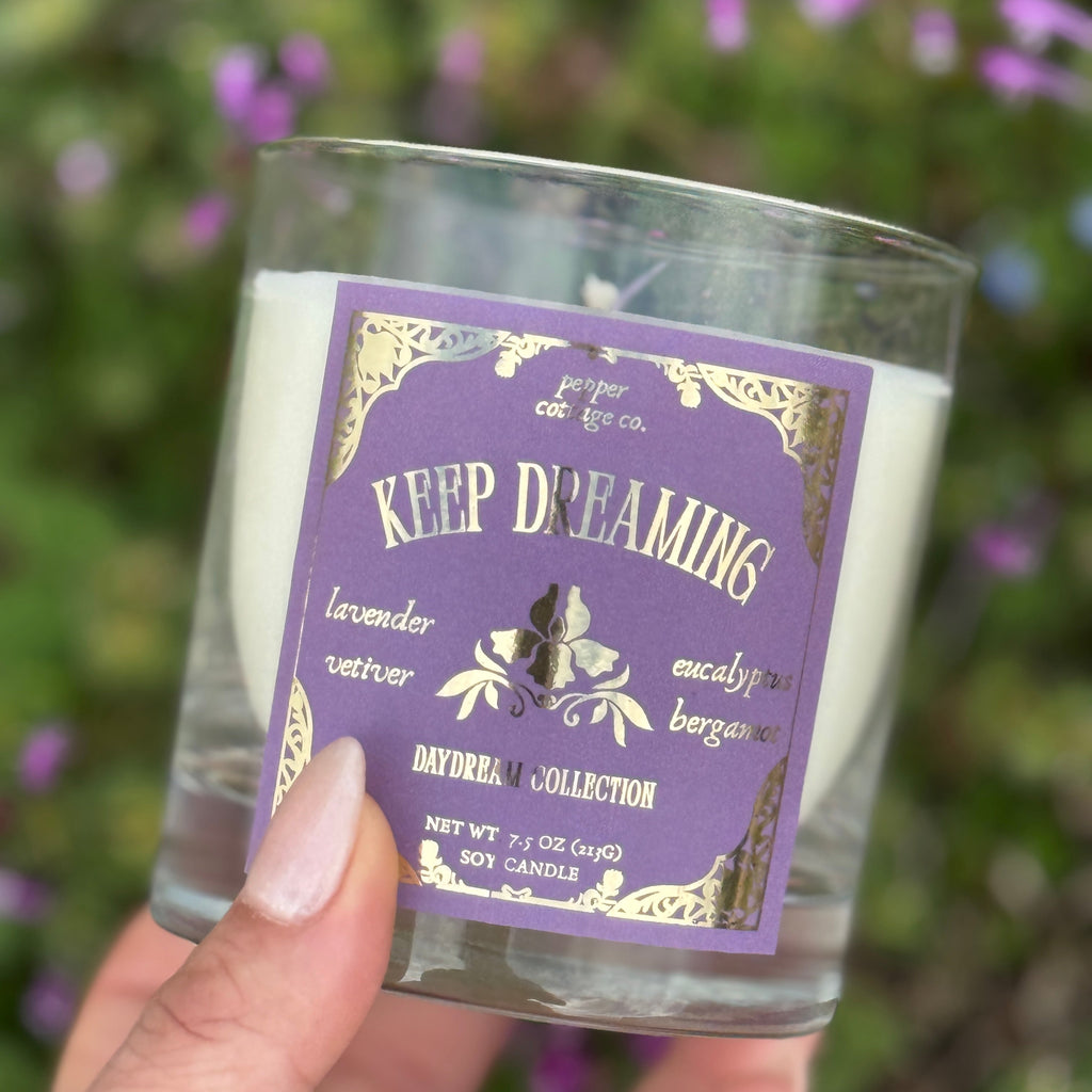 Keep Dreaming 7.5 oz Soy Spring Candle | Lavender, Vetiver, Eucalyptus, Bergamot | Daydream Collection Spring Lavender Candle