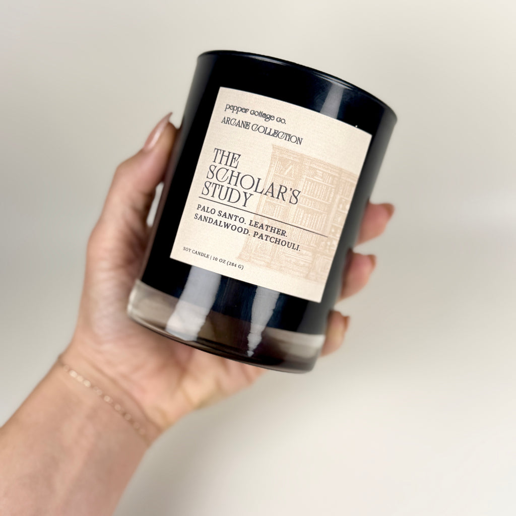 The Scholar's Study 10 oz Candle Jar | Palo Santo, Sandalwood, Leather, Patchouli | Dark Academia Inspired Coconut Blend Candle