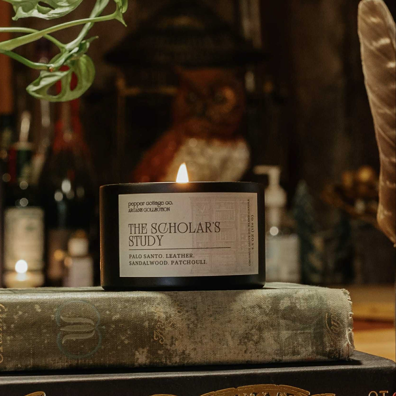 Candle labeled 'The Scholar's Study' on vintage books with a warm, blurred background