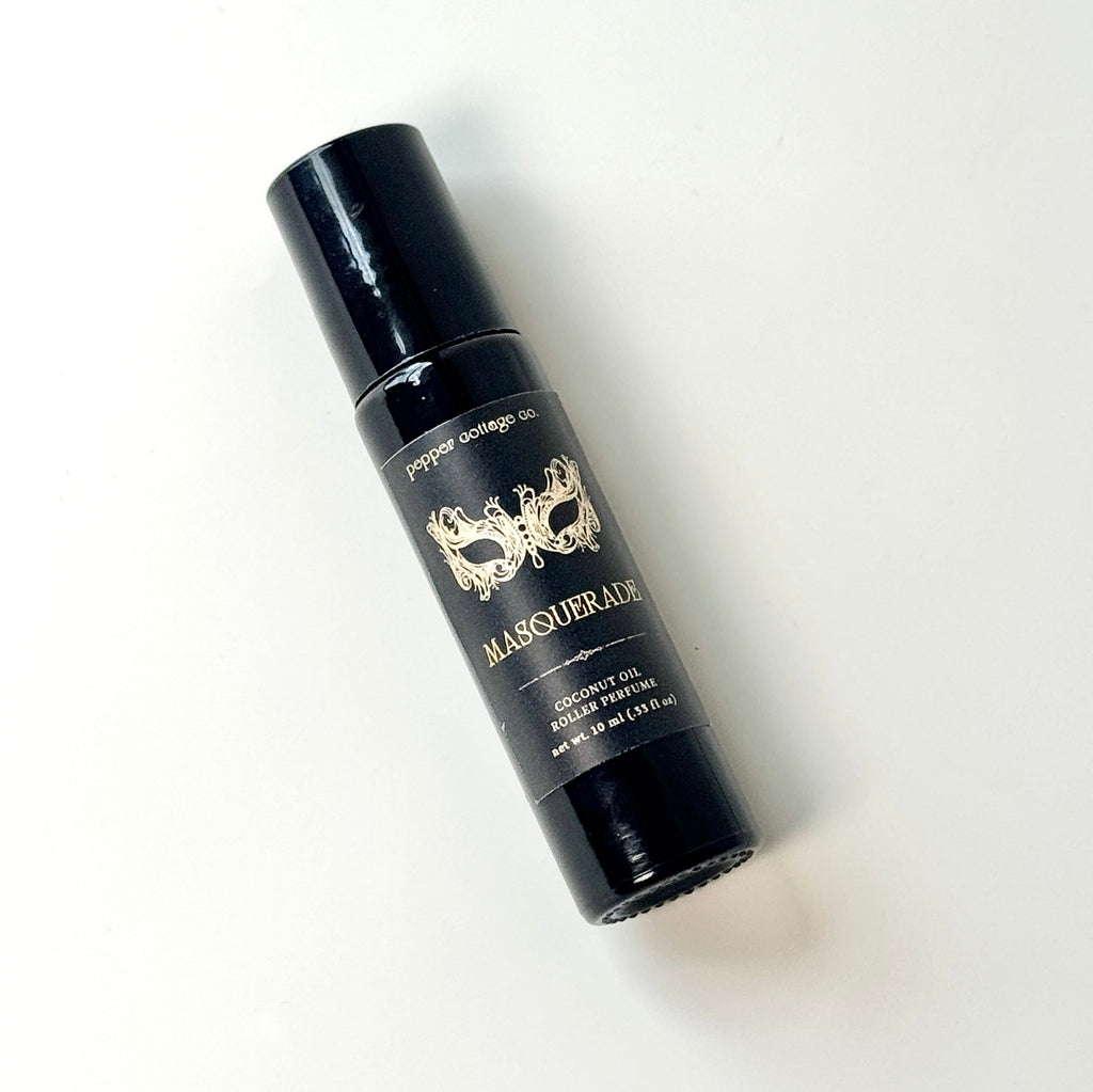 Masquerade 10 ml Roller Perfume | Spiced Mandarin, Cacao, Pomelo, Vanilla, Jasmine | Feminine Dark Academia Coconut Oil Non-toxic Roller Perfume