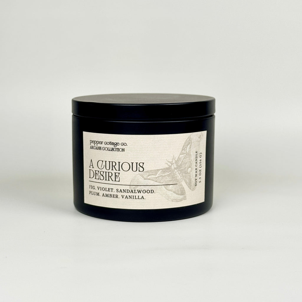 A Curious Desire 5.5 oz Candle Tin | Fig, Violet, Plum, Sandalwood, Plum, Amber, Vanilla | Dark Academia Soy Candle