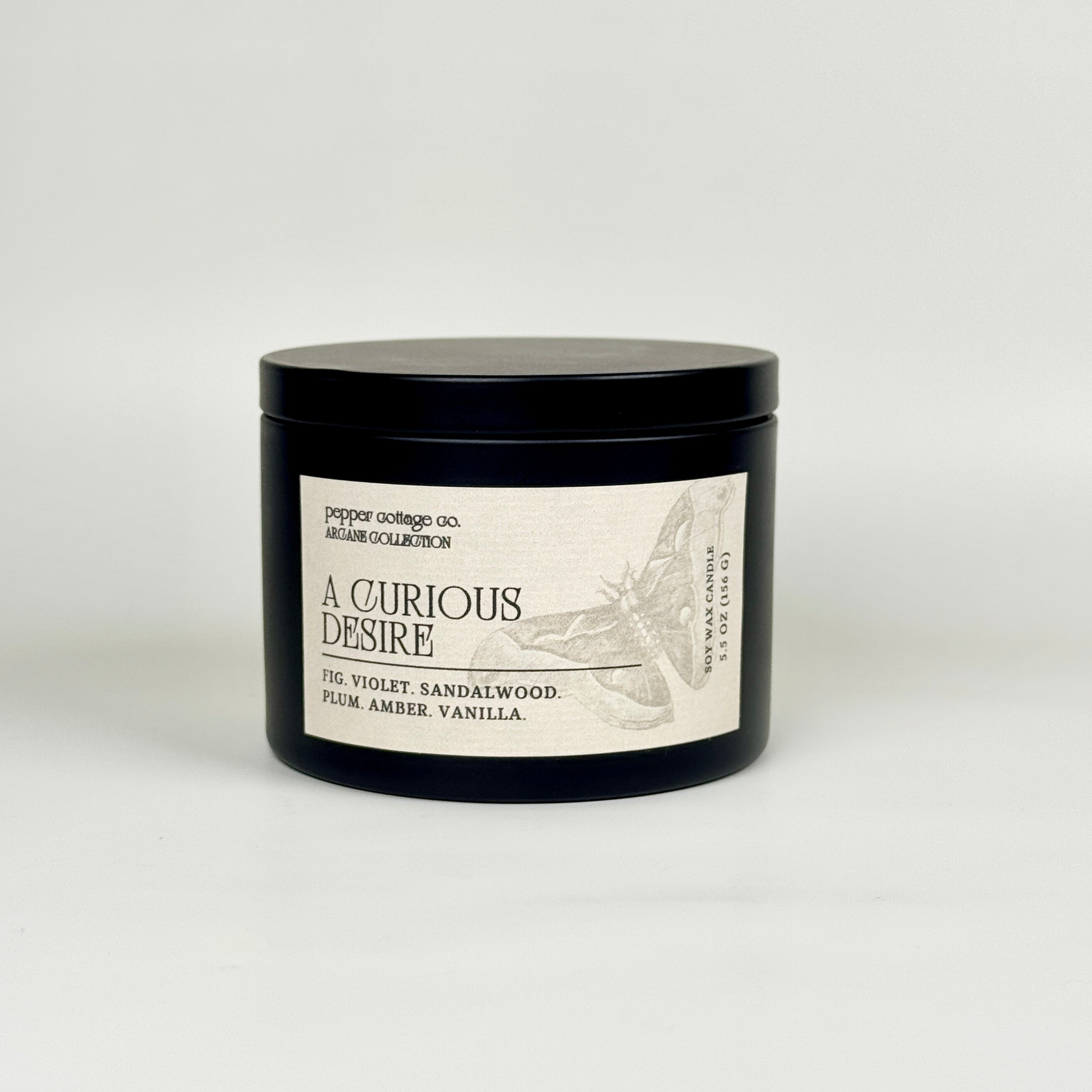A Curious Desire 5.5 oz Candle Tin | Fig, Violet, Plum, Sandalwood, Plum, Amber, Vanilla | Dark Academia Soy Candle