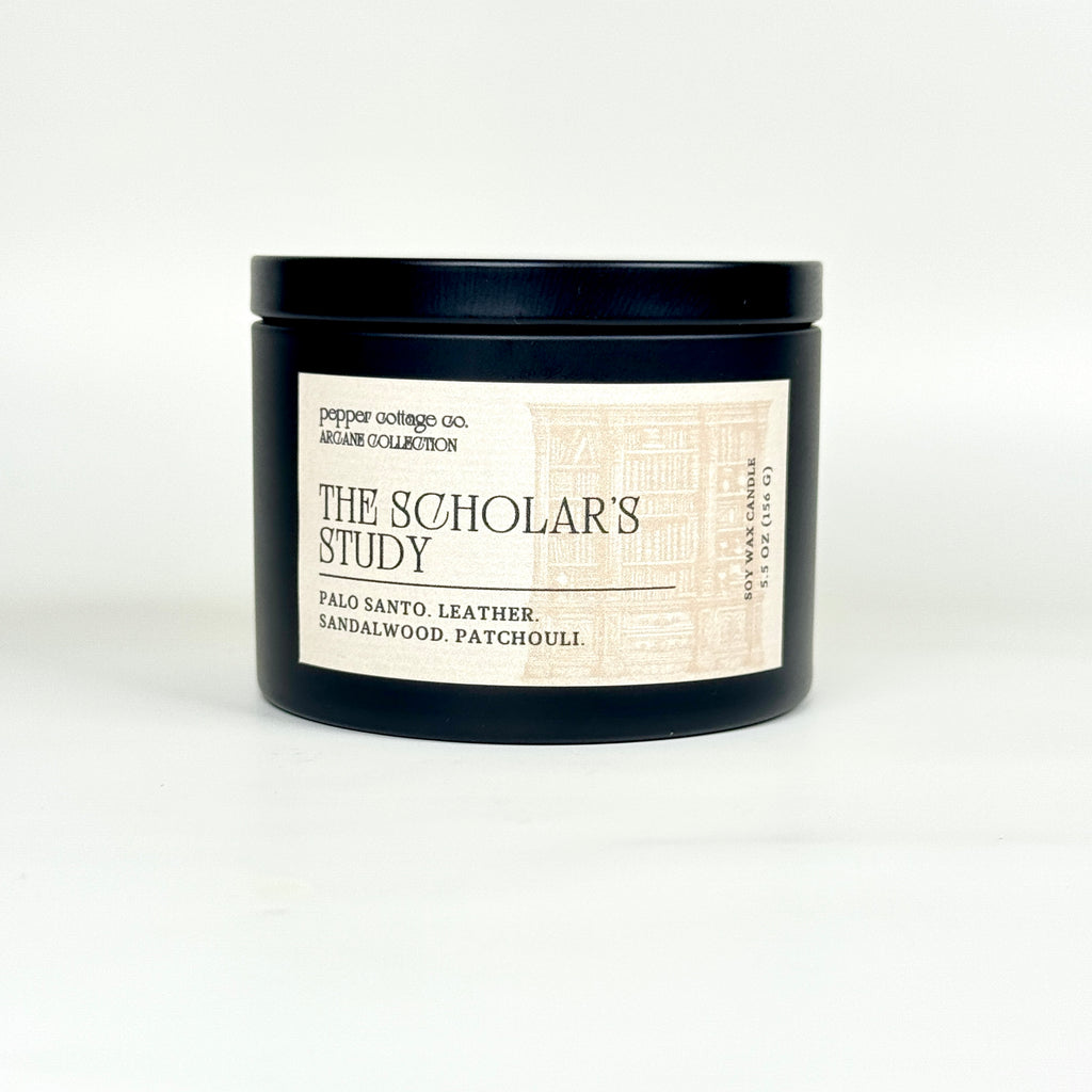 The Scholar's Study 5.5 oz Candle Tin | Palo Santo, Sandalwood, Leather, Patchouli | Dark Academia Inspired Coconut Blend Candle