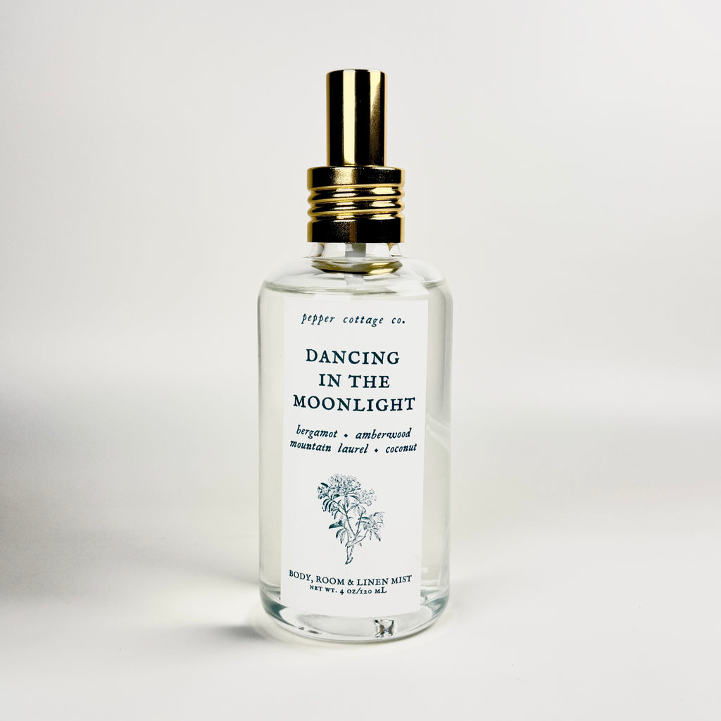 Dancing in the Moonlight 4 oz Body, Room, and Linen Mist | Bergamot, Amberwood, Mountain Laurel, Coconut| Clean, Woodsy, Floral Body & Room Mist